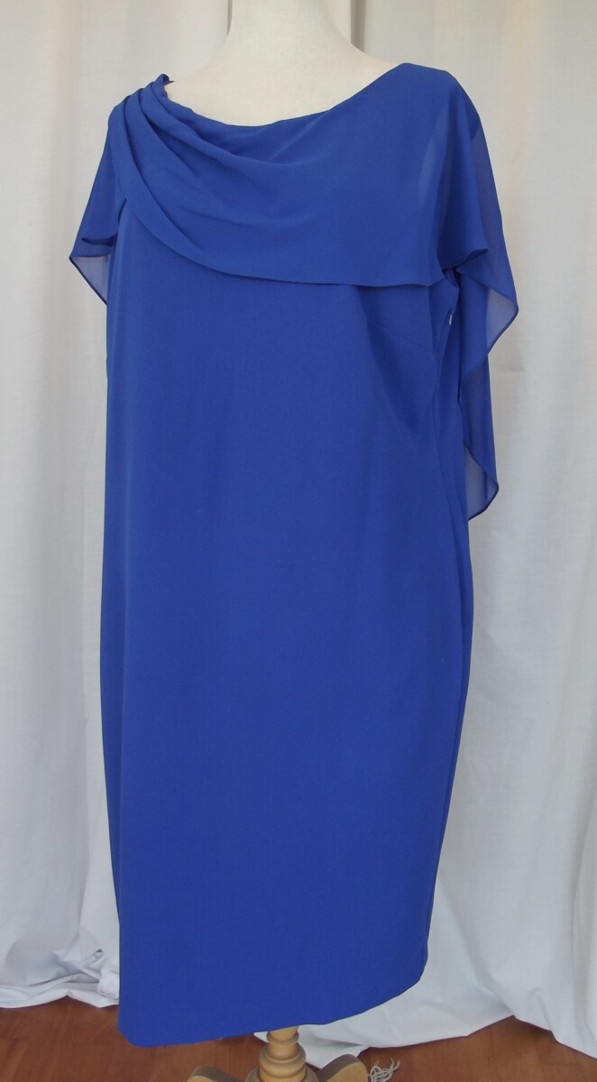 jacques vert ROYAL BLUE CREPE COCKTAIL DRESS ROYAL BLUE CHIFFON SCARF DRAPED ACROSS NECKLINE AND DOWN BACK