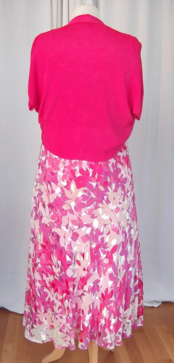 Jacques Vert RUBY ROSE RANGE SILK DEVORE DRESS RUBY ROSE PETAL PRINT MATCHING PINK KNITTED SHRUG