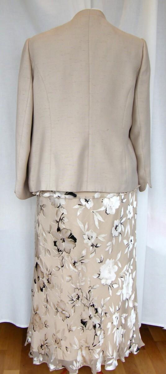 Jacques Vert SANDSTONE RANGE 22% SILK GOLD DEVORE FLORAL PATTERN BLACK OUTLINE SKIRT & TOP MATCHING SANDSTONE JACKET