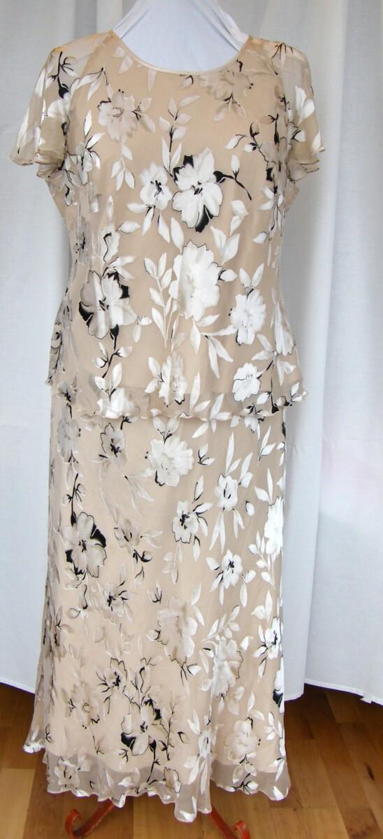 Jacques Vert SANDSTONE RANGE 22% SILK GOLD DEVORE FLORAL PATTERN BLACK OUTLINE SKIRT & TOP MATCHING SANDSTONE JACKET