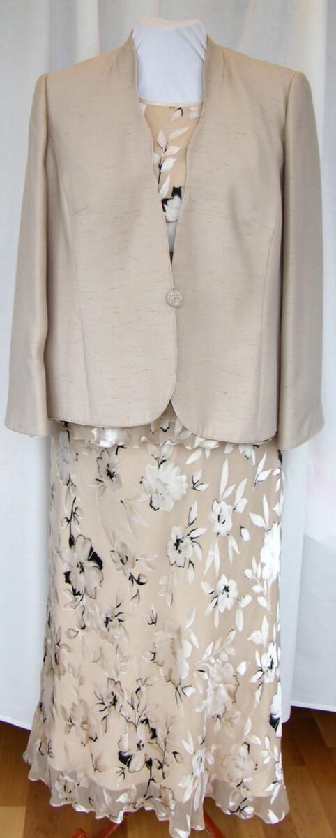 jacques vert SANDSTONE RANGE 22% SILK GOLD DEVORE FLORAL PATTERN BLACK OUTLINE SKIRT & TOP MATCHING SANDSTONE JACKET