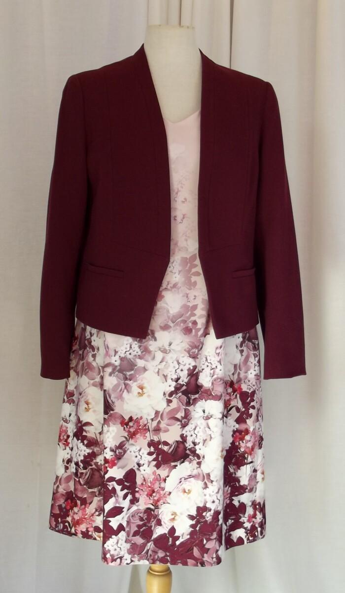 jacques vert SHADES OF BURGUNDY FLORAL PRINT CREPE DRESS & BURGUNDY ANGLE EDGE JACKET