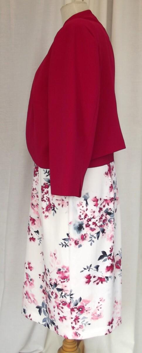 Jacques Vert SICILIAN FLORAL PRINT ON JACQUARD IVORY CREPE SHIFT DRESS & MATCHING RED CREPE SHORT JACKET