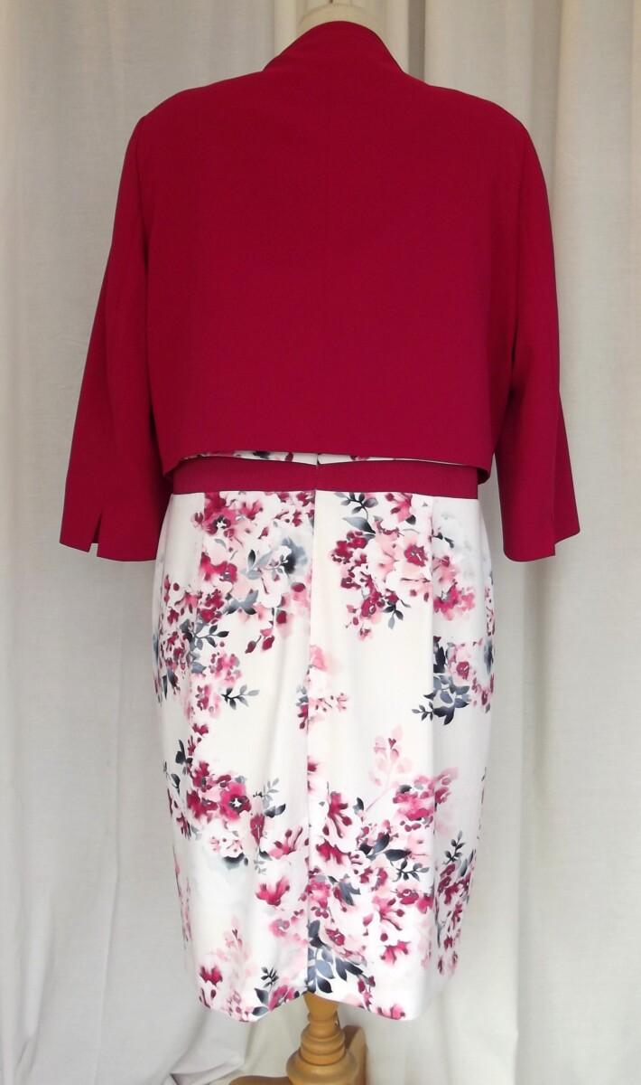 Jacques Vert SICILIAN FLORAL PRINT ON JACQUARD IVORY CREPE SHIFT DRESS & MATCHING RED CREPE SHORT JACKET