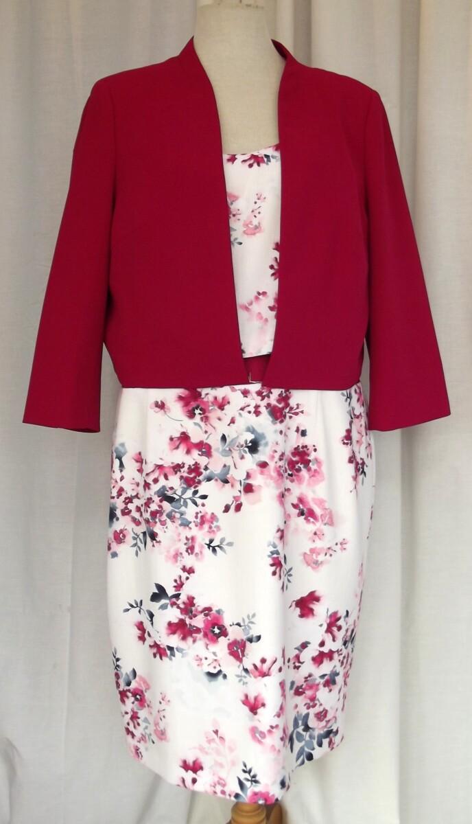 jacques vert SICILIAN FLORAL PRINT ON JACQUARD IVORY CREPE SHIFT DRESS & MATCHING RED CREPE SHORT JACKET