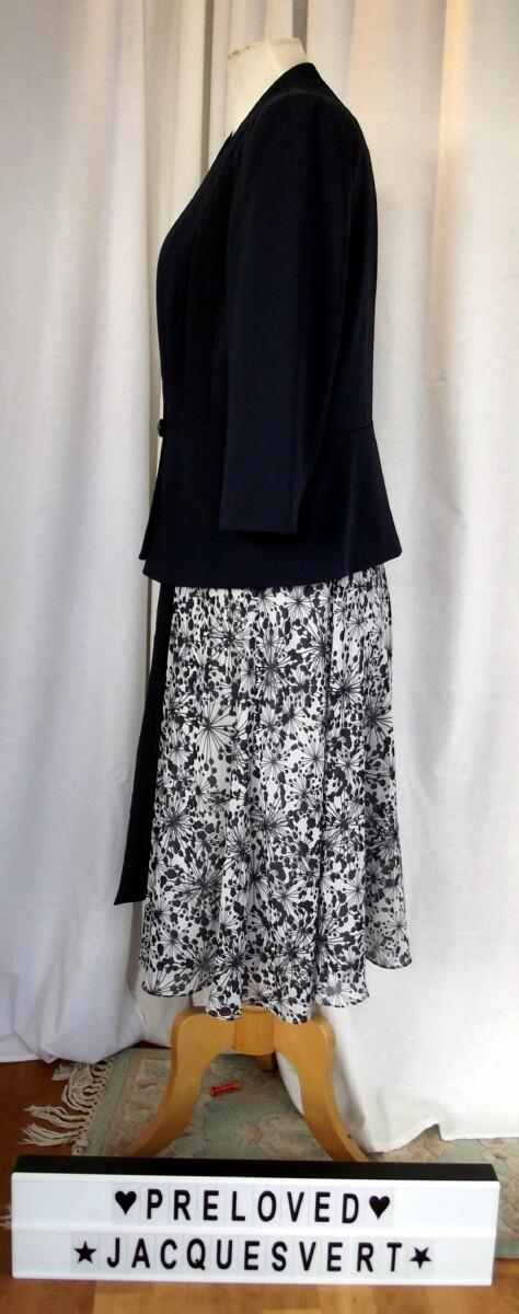Jacques Vert SILVER GREY CHIFFON DRESS NAVY BLUE POMEGRANITE SEED HEAD PRINT MATCHING NAVY BLUE JACKET