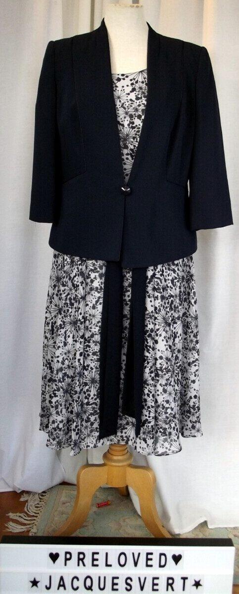 jacques vert SILVER GREY CHIFFON DRESS NAVY BLUE POMEGRANITE SEED HEAD PRINT MATCHING NAVY BLUE JACKET