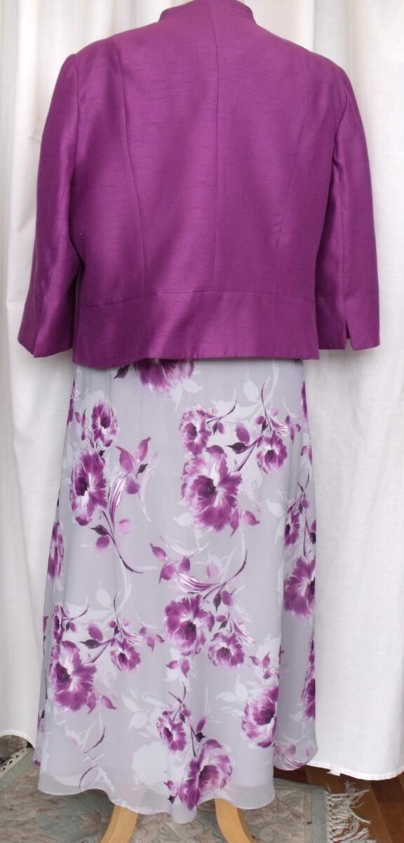 Jacques Vert SILVER GREY CREPE CHIFFON DRESS MAGENTA PEONY PRINT & MAGENTA WOVEN JACKET