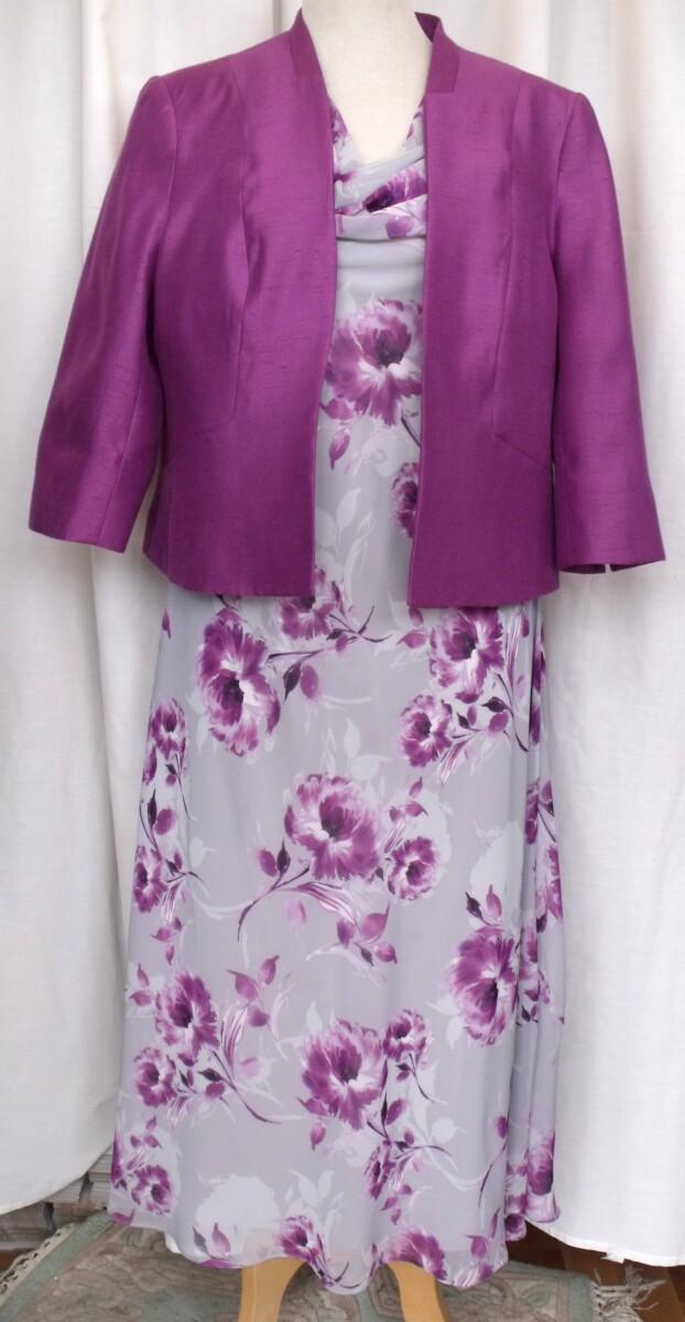 jacques vert SILVER GREY CREPE CHIFFON DRESS MAGENTA PEONY PRINT & MAGENTA WOVEN JACKET