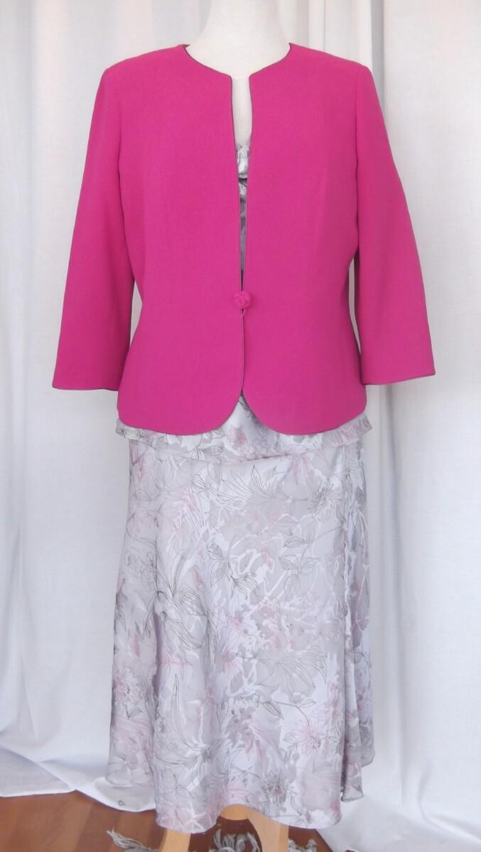 jacques vert SILVER GREY CRYSTAL DEVORE SKIRT & TOP CERISE VEINED PRINT & CERISE WOVEN JACKET
