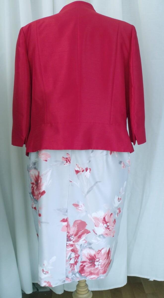 Jacques Vert SILVER GREY SHANTUNG SHIFT DRESS SCARLET RED FLOWER HEAD PRINT & SCARLET RED SHANTUNG JACKET