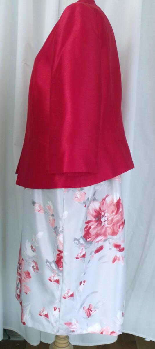 Jacques Vert SILVER GREY SHANTUNG SHIFT DRESS SCARLET RED FLOWER HEAD PRINT & SCARLET RED SHANTUNG JACKET