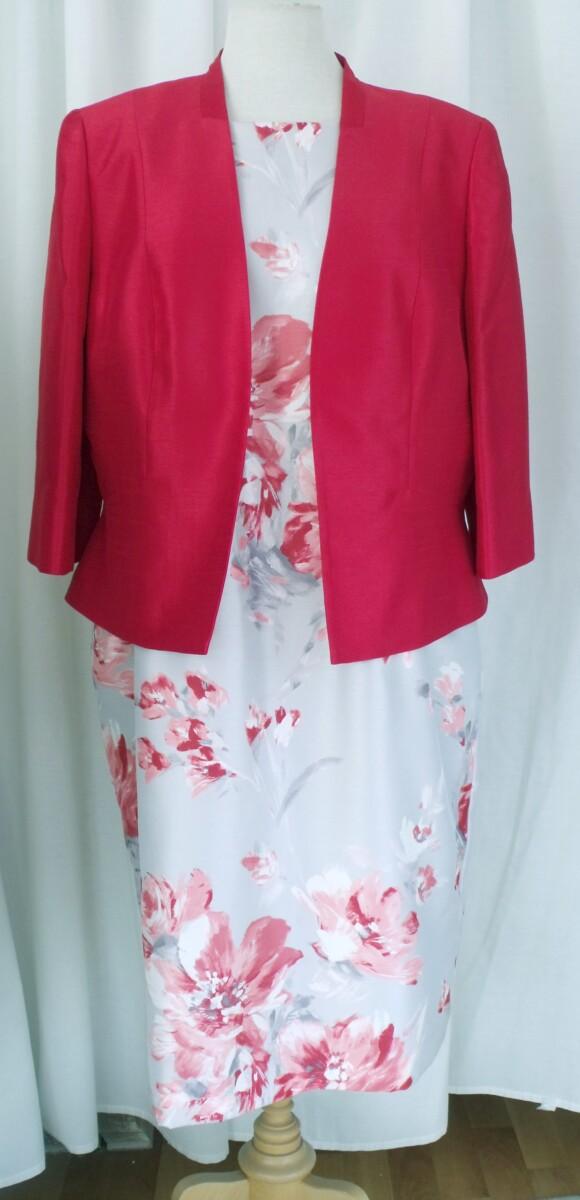 jacques vert SILVER GREY SHANTUNG SHIFT DRESS SCARLET RED FLOWER HEAD PRINT & SCARLET RED SHANTUNG JACKET