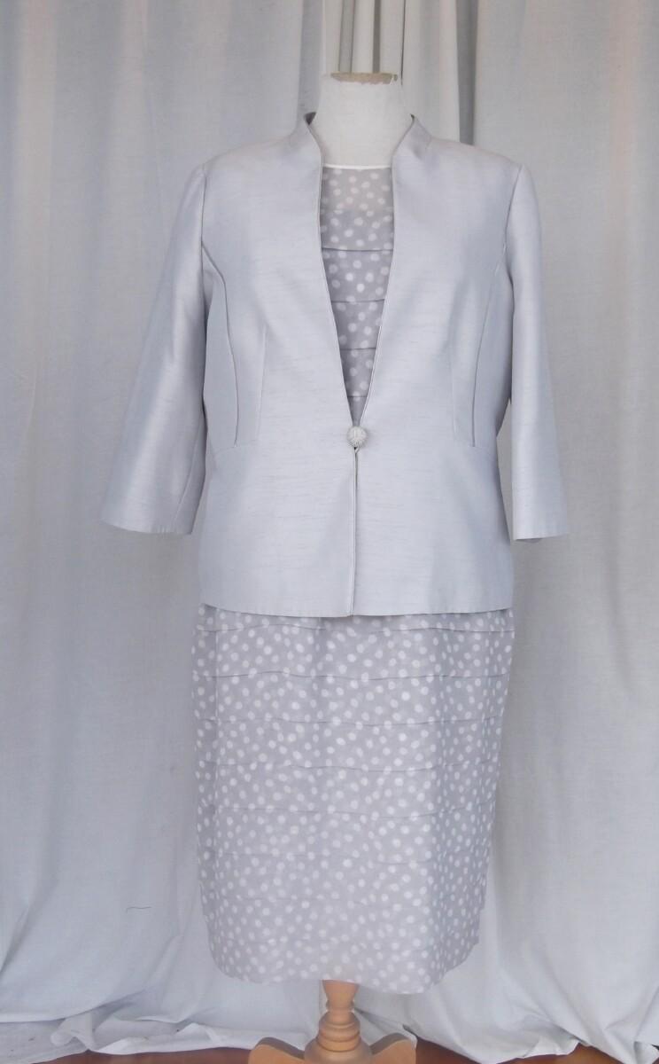 jacques vert SILVER GREY SPOT PRINT SHUTTERPLEAT SHIFT DRESS MATCHING SILVER GREY JACKET SATIN SEAMS