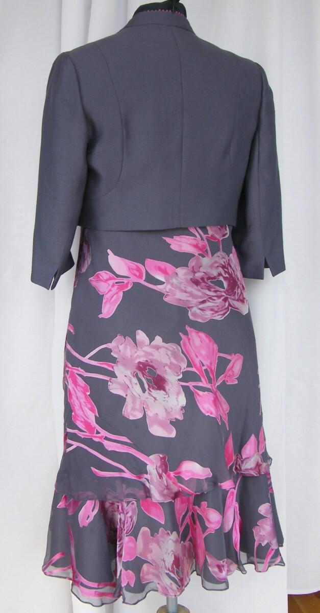 Jacques Vert SLATE & PASSION RANGE DARK GREY SILK DEVORE DRESS CERISE PRINT SLATE SHORT JACKET