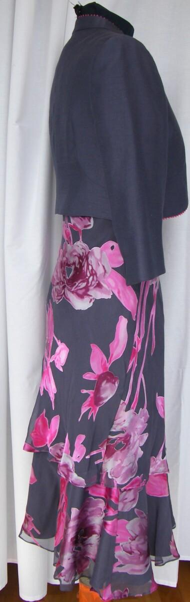 Jacques Vert SLATE & PASSION RANGE DARK GREY SILK DEVORE DRESS CERISE PRINT SLATE SHORT JACKET