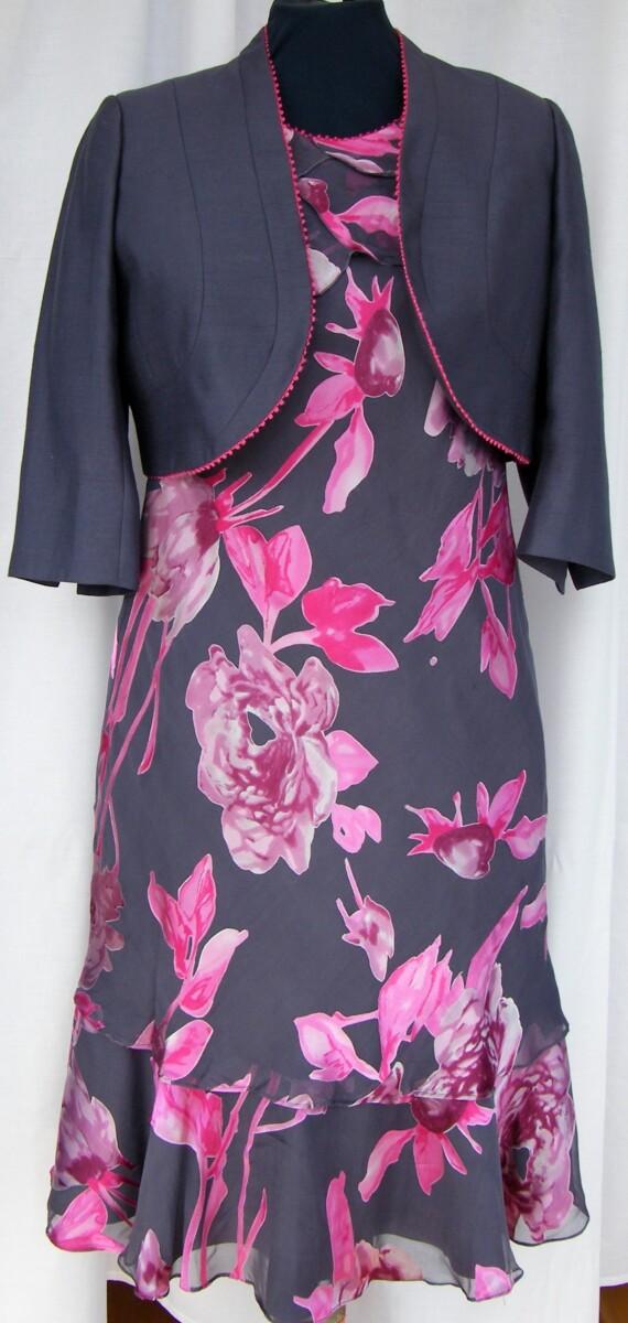 jacques vert SLATE & PASSION RANGE DARK GREY SILK DEVORE DRESS CERISE PRINT SLATE SHORT JACKET