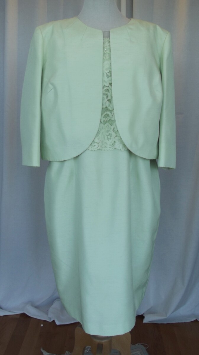 jacques vert SOFT LIME SHANTUNG SHIFT DRESS LOOSE BEADED LACE BODICE MATCHING SHANTUNG SHORT JACKET