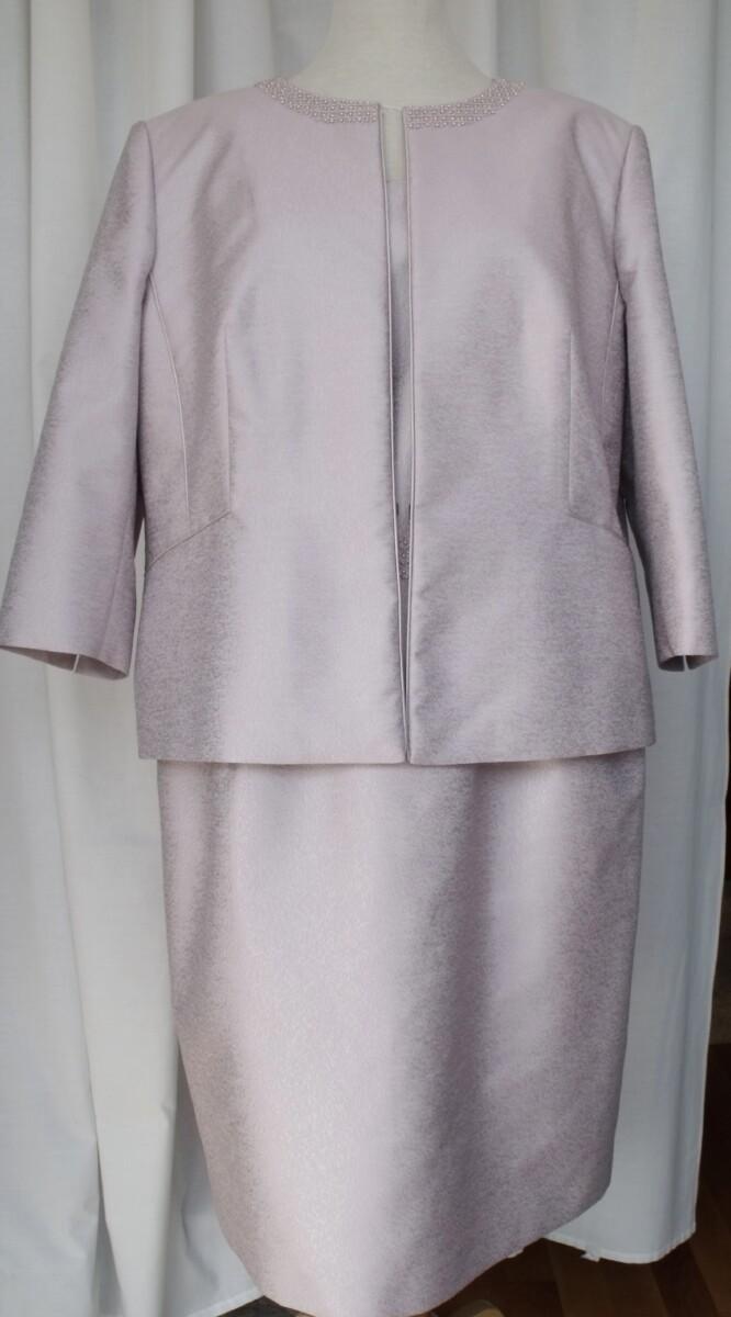 jacques vert TAUPE JACQUARD SHANTUNG SHIFT DRESS EMBELISHED WITH PEARLS AT WAIST & MATCHING JACKET EMBELISHED WITH PEARLS AROUND NECKLINE