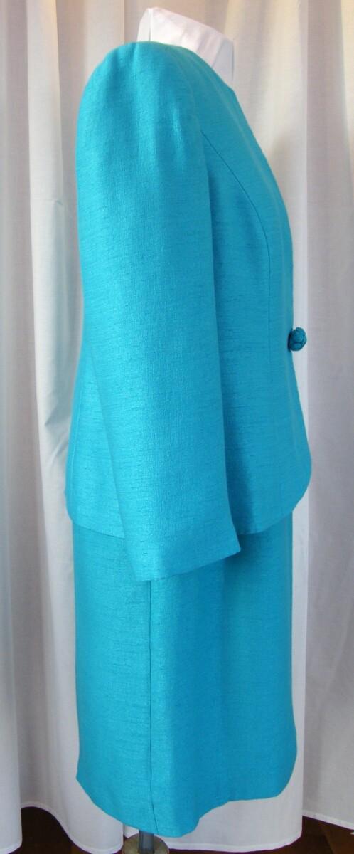 Jacques Vert TURQUOISE SHANTUNG SHIFT DRESS 3D BEADED & EMBROIDERED NECKLINE MATCHING TURQUOISE JACKET