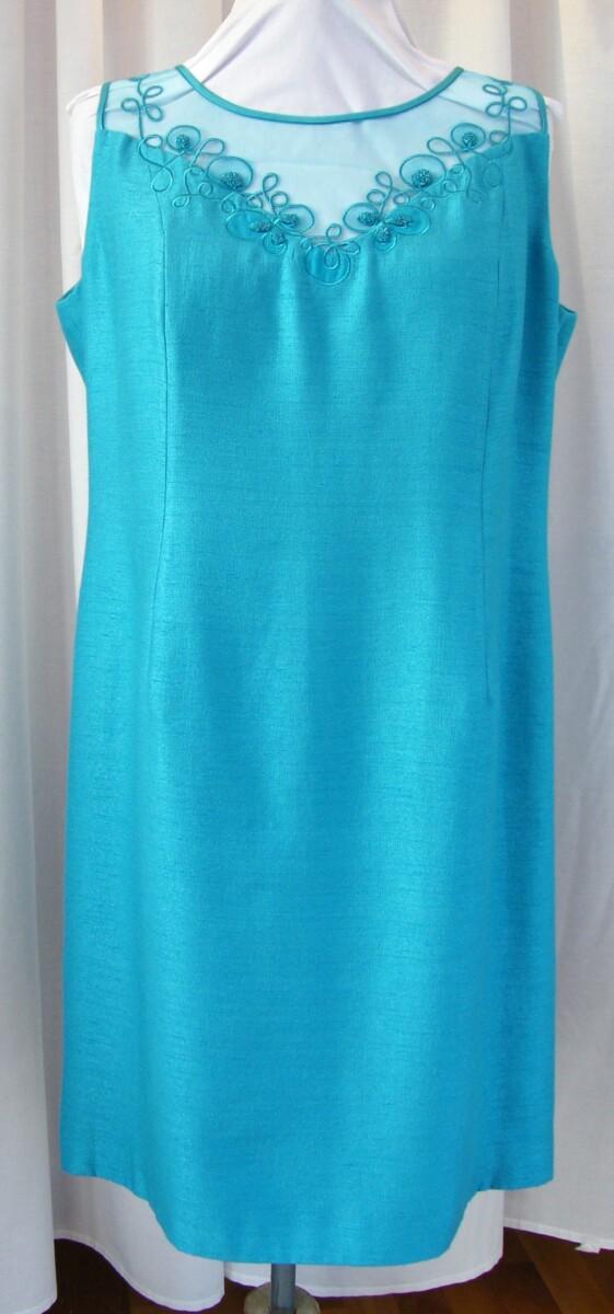 Jacques Vert TURQUOISE SHANTUNG SHIFT DRESS 3D BEADED & EMBROIDERED NECKLINE MATCHING TURQUOISE JACKET