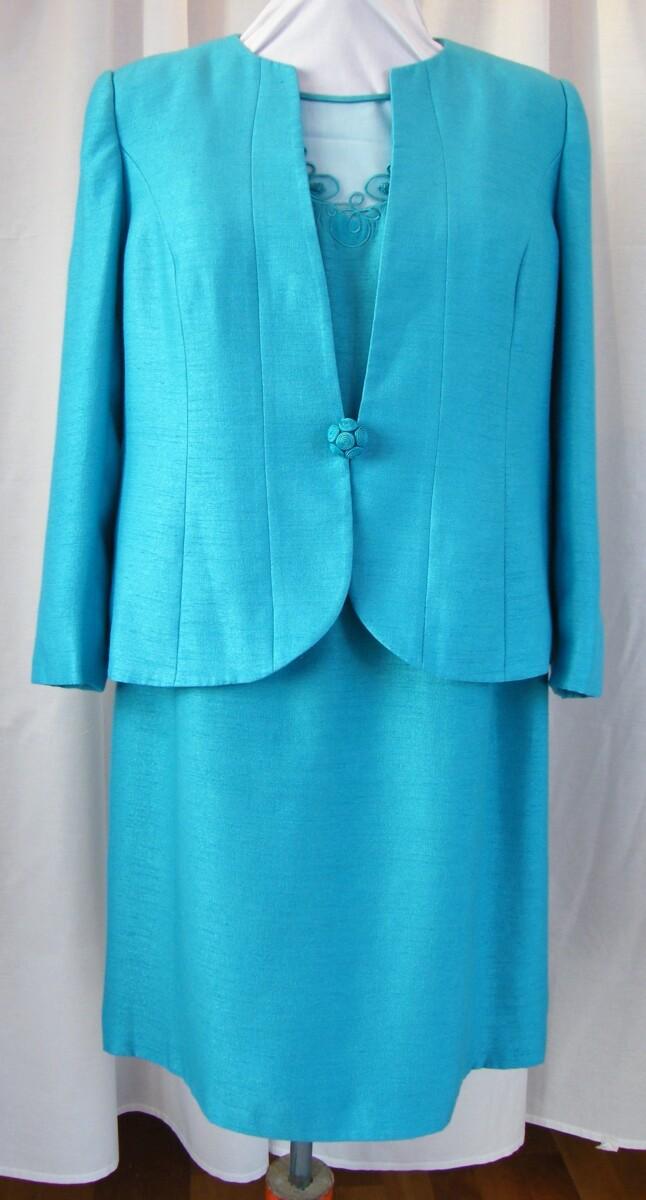 jacques vert TURQUOISE SHANTUNG SHIFT DRESS 3D BEADED & EMBROIDERED NECKLINE MATCHING TURQUOISE JACKET