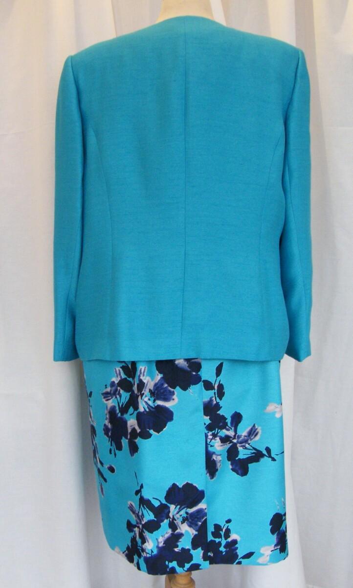 Jacques Vert TURQUOISE SHANTUNG SHIFT DRESS TURQUOISE & NAVY PRINT MATCHING TURQUOISE JACKET