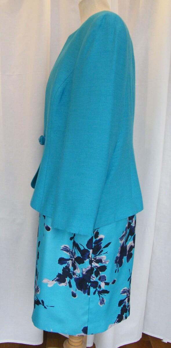 Jacques Vert TURQUOISE SHANTUNG SHIFT DRESS TURQUOISE & NAVY PRINT MATCHING TURQUOISE JACKET