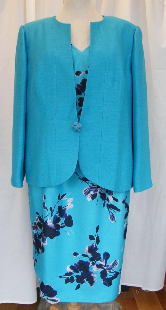 jacques vert TURQUOISE SHANTUNG SHIFT DRESS TURQUOISE & NAVY PRINT MATCHING TURQUOISE JACKET
