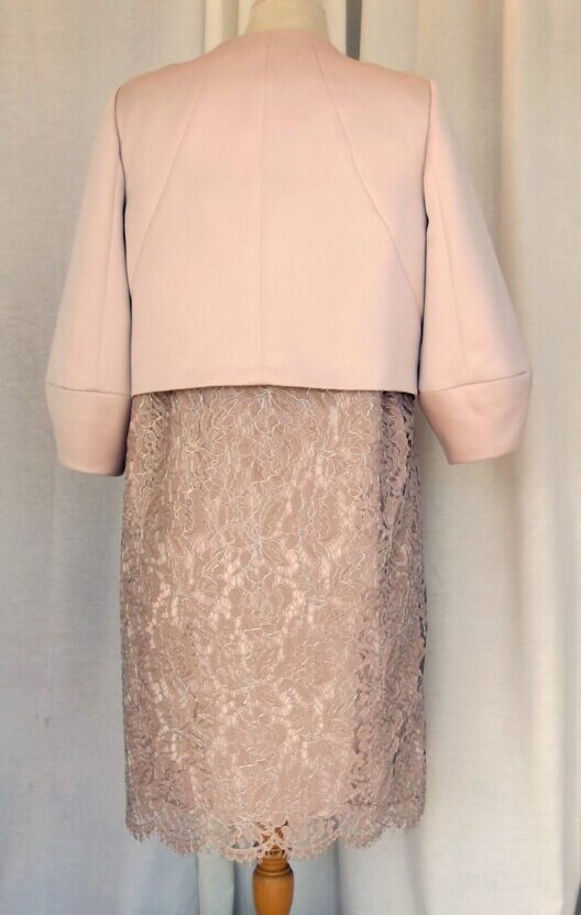 Jacques Vert VERSAILLES COLLECTION MINK LACE OUTLINED IN GOLD 3D EFFECT SHIFT DRESS & MINK SATIN JACKET INVERTED BELL CUFFS