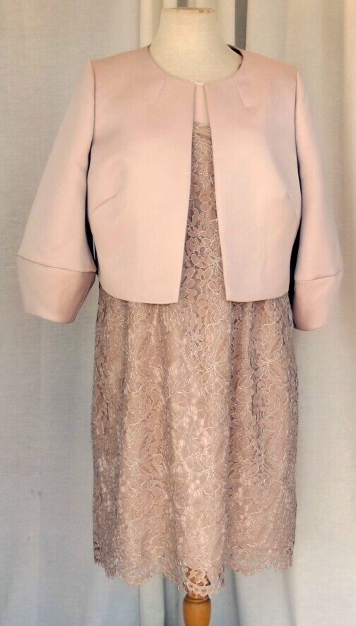 jacques vert VERSAILLES COLLECTION MINK LACE OUTLINED IN GOLD 3D EFFECT SHIFT DRESS & MINK SATIN JACKET INVERTED BELL CUFFS