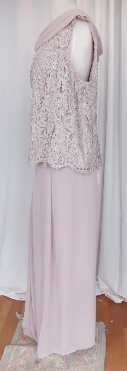 Jacques Vert “VERSAILLES” COLLECTION. MINK LACE TOP SCARF NECK & MINK CHIFFON PALAZZO PANTS & MINK CHIFFON COVER UP RICHLY APPLIQUED ON SHOULDERS