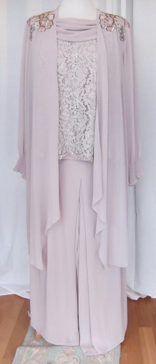 jacques vert “VERSAILLES” COLLECTION. MINK LACE TOP SCARF NECK & MINK CHIFFON PALAZZO PANTS & MINK CHIFFON COVER UP RICHLY APPLIQUED ON SHOULDERS