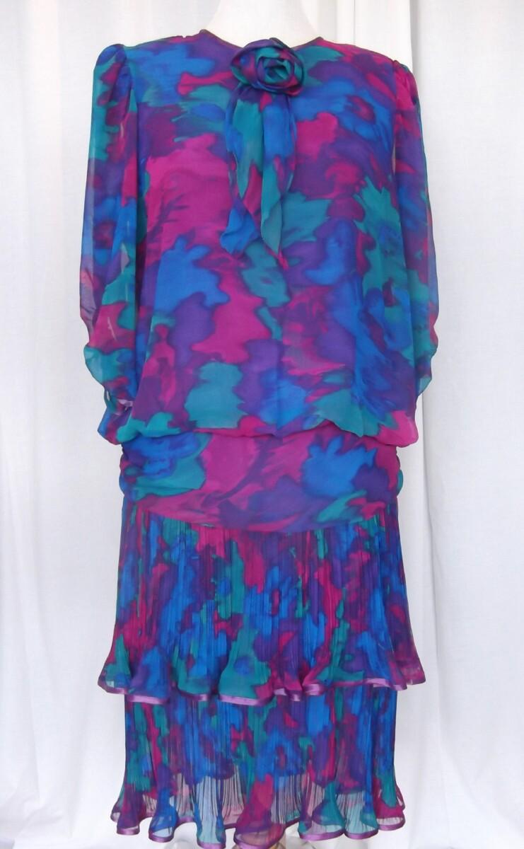 jacques vert VINTAGE 80’S J.R. SLOANE AT JACQUES VERT DRESS OF MULTICOLOURED CHIFFON PLEATED TWO TIER SKIRT
