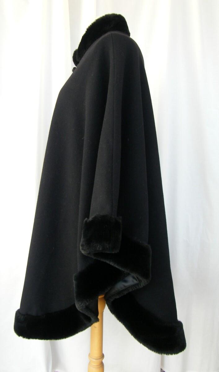 Jacques Vert VINTAGE BLACK ONE SIZE CLOAK FULLY LINED 60%VIRGIN WOOL 20% CASHMERE FAUX FUR TRIMMED AROUND NECK CUFFS & HEMLINE