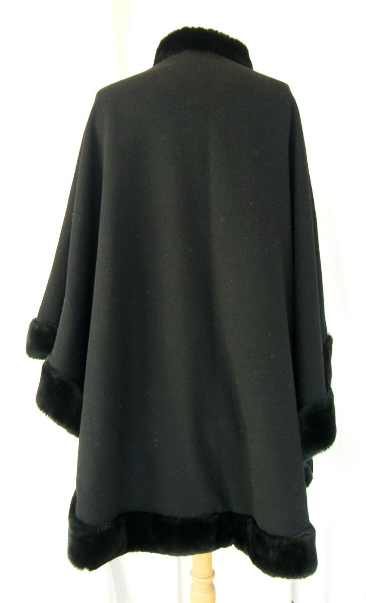 Jacques Vert VINTAGE BLACK ONE SIZE CLOAK FULLY LINED 60%VIRGIN WOOL 20% CASHMERE FAUX FUR TRIMMED AROUND NECK CUFFS & HEMLINE