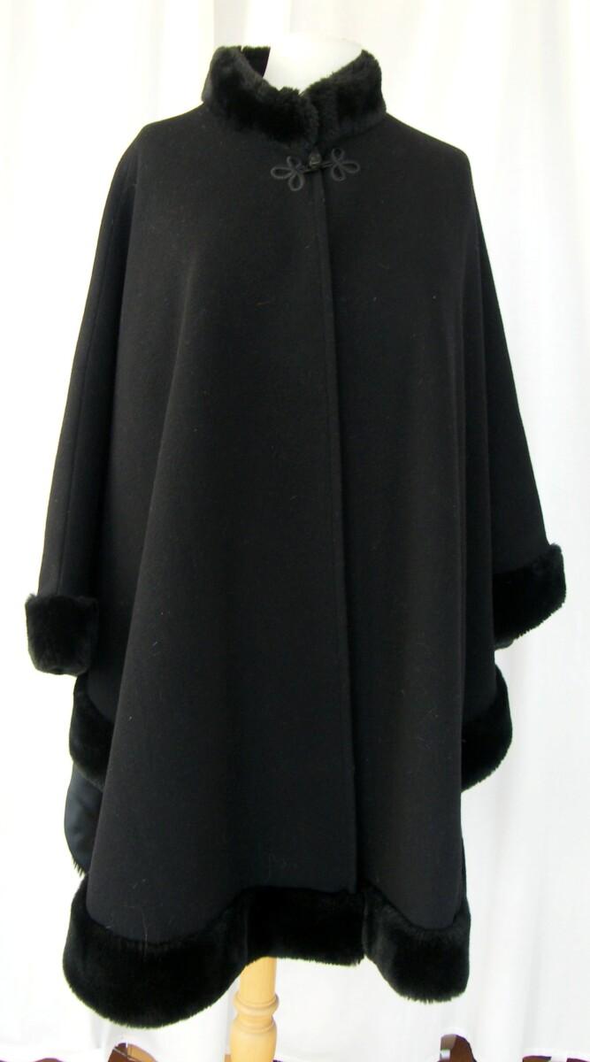 jacques vert VINTAGE BLACK ONE SIZE CLOAK FULLY LINED 60%VIRGIN WOOL 20% CASHMERE FAUX FUR TRIMMED AROUND NECK CUFFS & HEMLINE
