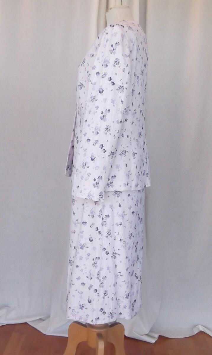 Jacques Vert VINTAGE JACKET & SKIRT SUIT IN 13% LINEN PALEST VIOLET DITSY VIOLET PRINT EMBROIDERED IN GOLD & VIOLET CHIFFON SKIRT & TOP GOLD EMBROIDERY