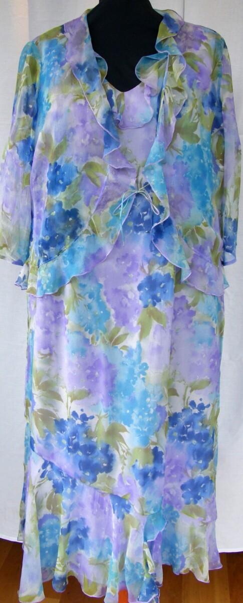 jacques vert VINTAGE JACQUES VERT 100% SILK MAXI DRESS BLURRED FLORAL PRINT WITH MATCHING SHEER 3/4 SLEEVED SHRUG