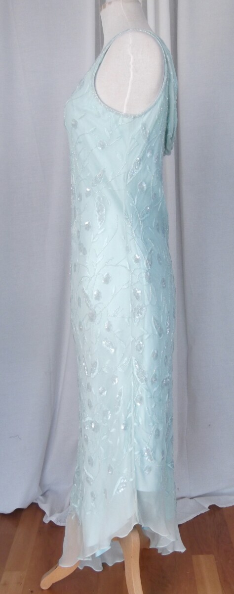 Jacques Vert VINTAGE JACQUES VERT FLOOR LENGTH EVENING DRESS BEADED SKY BLUE SILK BEADED COWL NECKLINE AT BACK