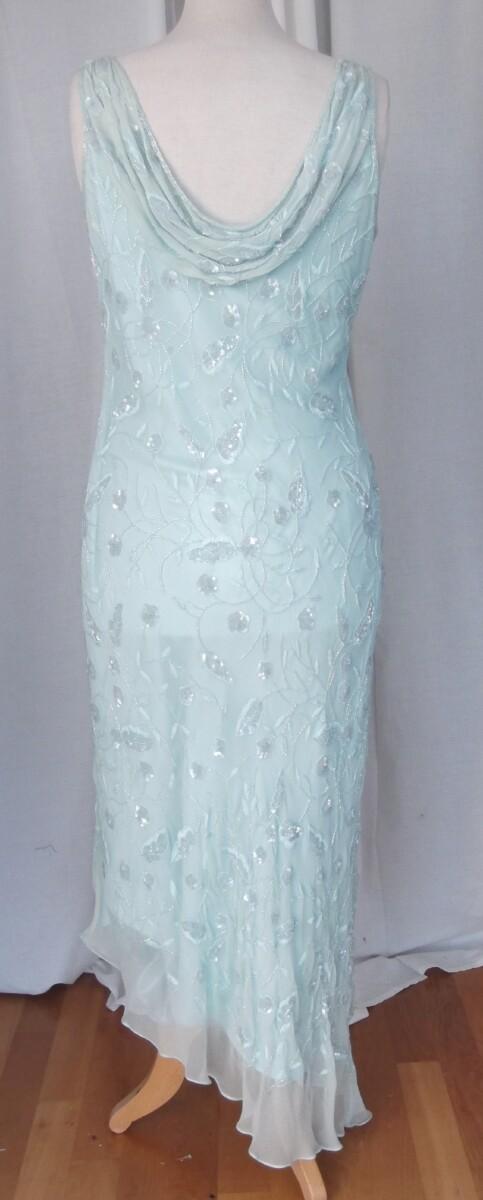 Jacques Vert VINTAGE JACQUES VERT FLOOR LENGTH EVENING DRESS BEADED SKY BLUE SILK BEADED COWL NECKLINE AT BACK