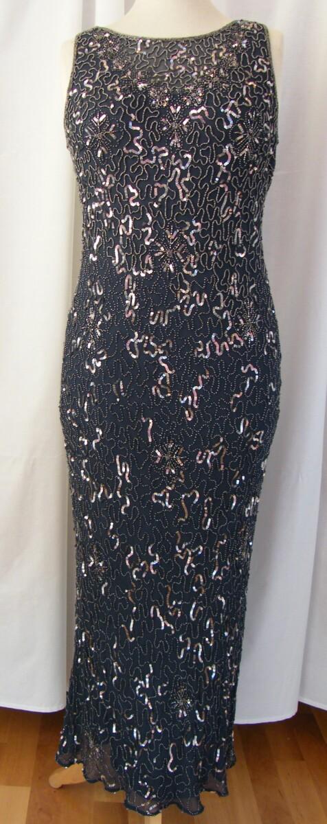 Jacques Vert VINTAGE JACQUES VERT FLOOR LENGTH EVENING DRESS BEADED SMOKEY BLUE SILK BEADED COWL NECKLINE AT BACK