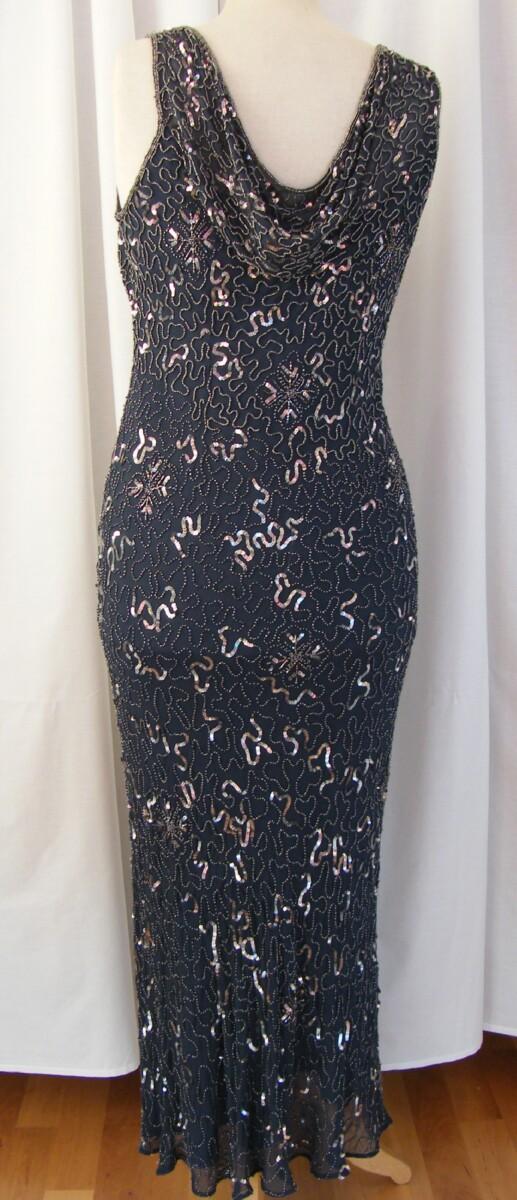 Jacques Vert VINTAGE JACQUES VERT FLOOR LENGTH EVENING DRESS BEADED SMOKEY BLUE SILK BEADED COWL NECKLINE AT BACK