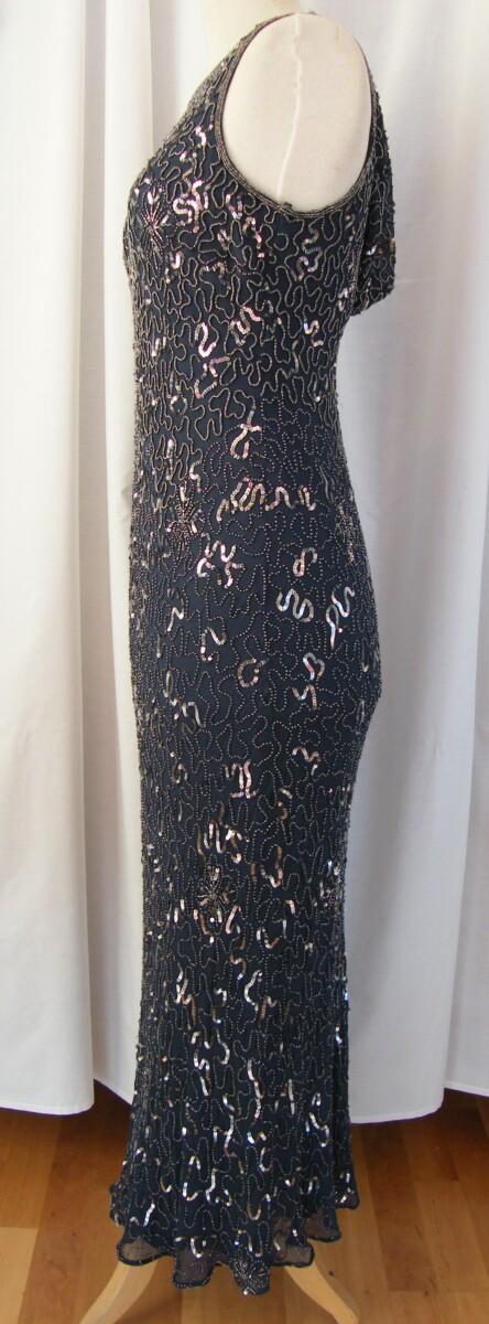 jacques vert VINTAGE JACQUES VERT FLOOR LENGTH EVENING DRESS BEADED SMOKEY BLUE SILK BEADED COWL NECKLINE AT BACK