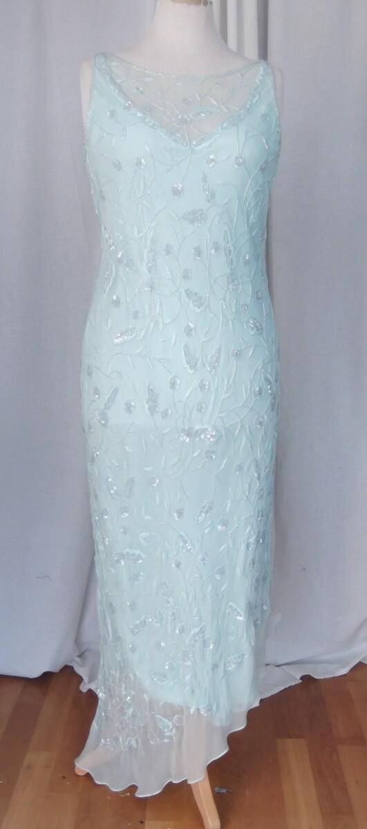 jacques vert VINTAGE JACQUES VERT FLOOR LENGTH EVENING DRESS BEADED SKY BLUE SILK BEADED COWL NECKLINE AT BACK