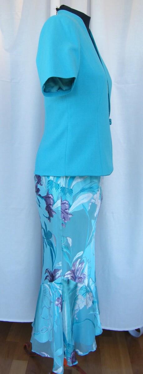 Jacques Vert VINTAGE LAGOON RANGE TURQUOISE 32% SILK DEVORE SKIRT & TOP FLORAL PRINT & TURQUOISE WOVEN SHORT SLEEVED JACKET