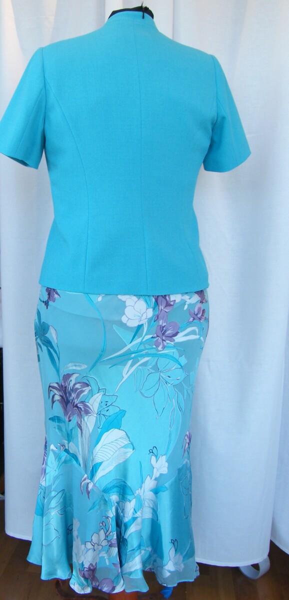 Jacques Vert VINTAGE LAGOON RANGE TURQUOISE 32% SILK DEVORE SKIRT & TOP FLORAL PRINT & TURQUOISE WOVEN SHORT SLEEVED JACKET