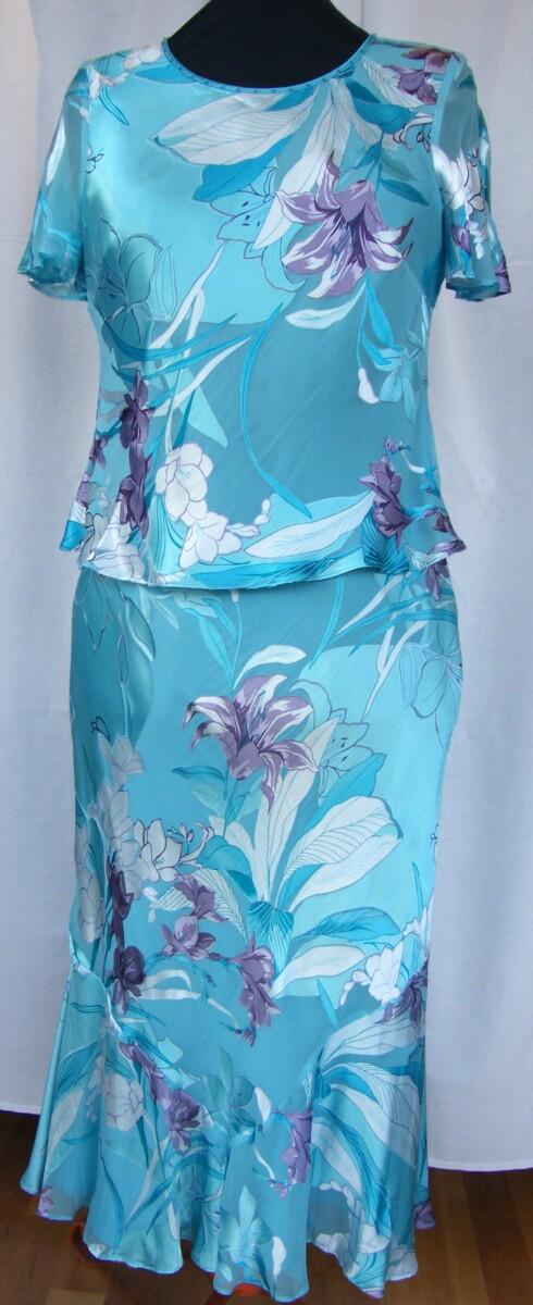 Jacques Vert VINTAGE LAGOON RANGE TURQUOISE 32% SILK DEVORE SKIRT & TOP FLORAL PRINT & TURQUOISE WOVEN SHORT SLEEVED JACKET