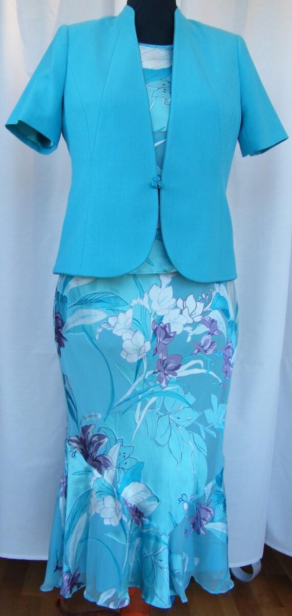 jacques vert VINTAGE LAGOON RANGE TURQUOISE 32% SILK DEVORE SKIRT & TOP FLORAL PRINT & TURQUOISE WOVEN SHORT SLEEVED JACKET
