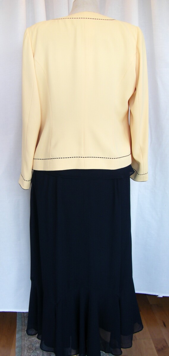 Jacques Vert VINTAGE MONACO RANGE NAVY CREPE CHIFFON SKIRT & TOP PIPED IN N YELLOW MATCHING LEMON YELLOW JACKET NAVY BRAID DETAIL